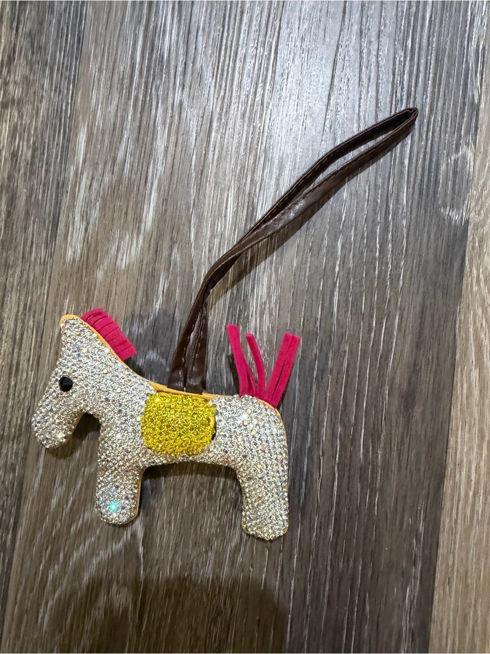 Sparkly White Pony Keychain with Pink Mane and Yellow Saddle